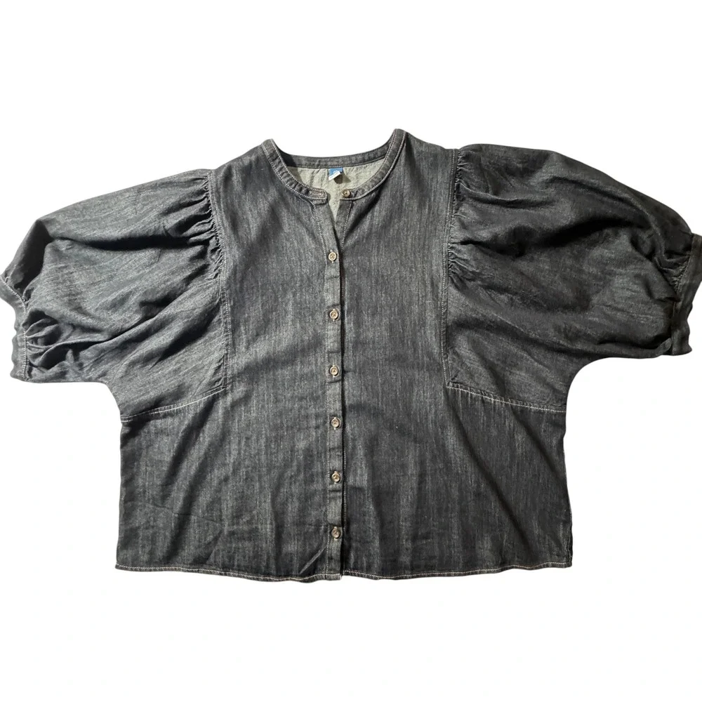 Old Navy Denim Blouse Womens XXL Tall Dark Blue Excellent Puff Sleeve Button Up